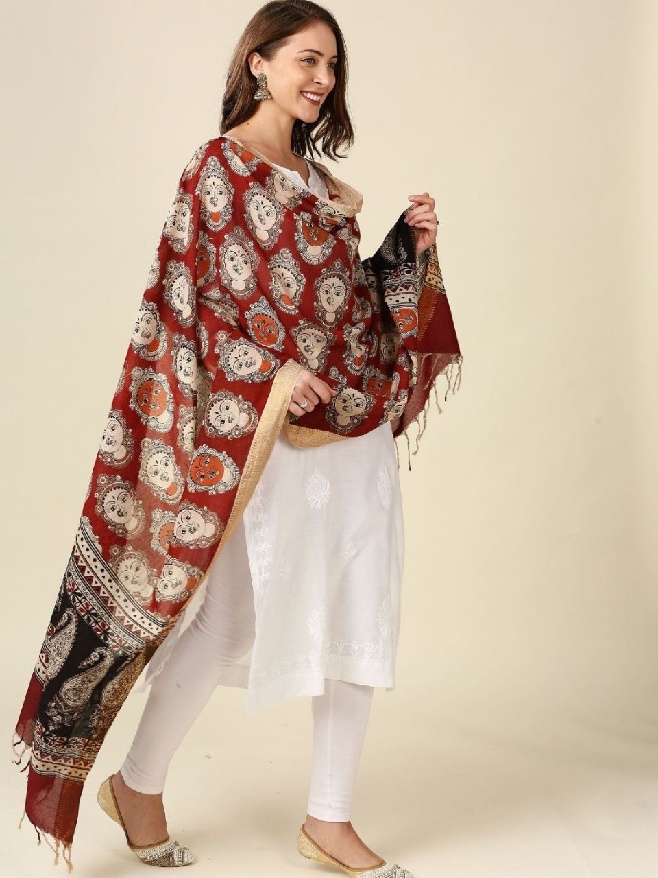 Kalamkari Mangalgiri Maroon & Multi Cotton Dupatta