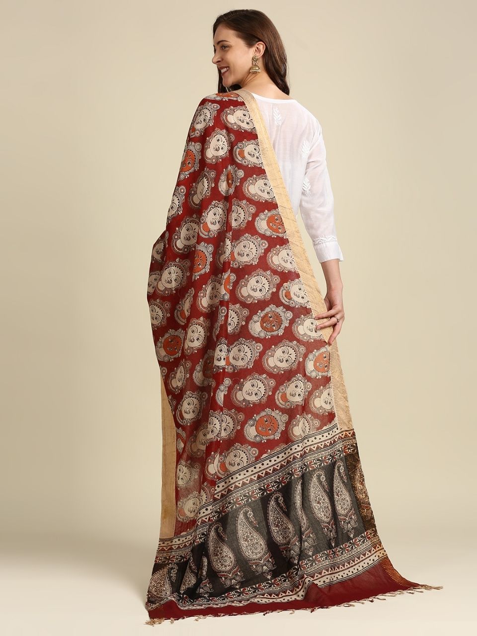 Kalamkari Mangalgiri Maroon & Multi Cotton Dupatta