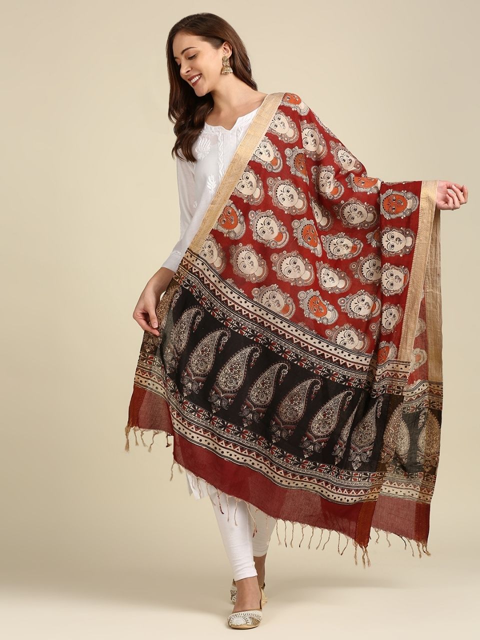 Kalamkari Mangalgiri Maroon & Multi Cotton Dupatta