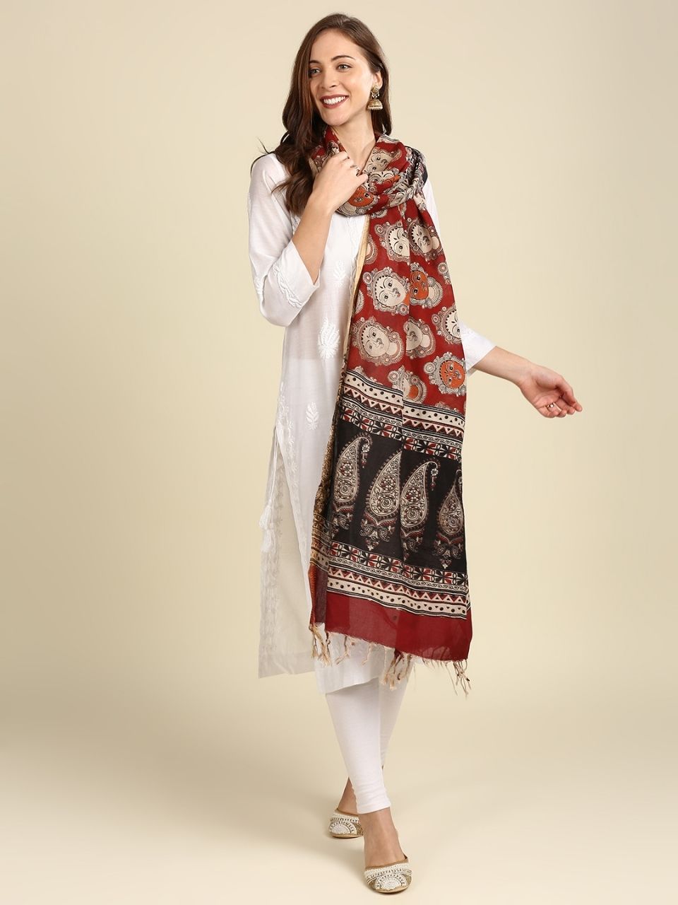 Kalamkari Mangalgiri Maroon & Multi Cotton Dupatta