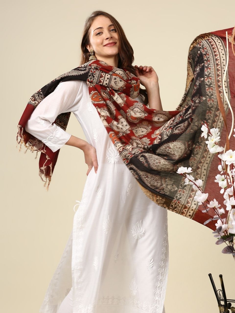 Kalamkari Mangalgiri Maroon & Multi Cotton Dupatta