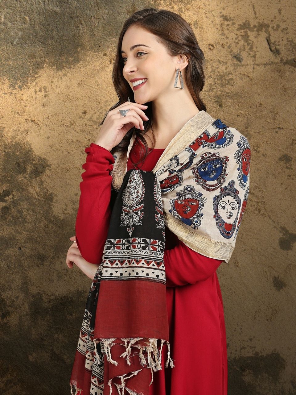 Kalamkari Mangalgiri Maroon & Multi Cotton Dupatta