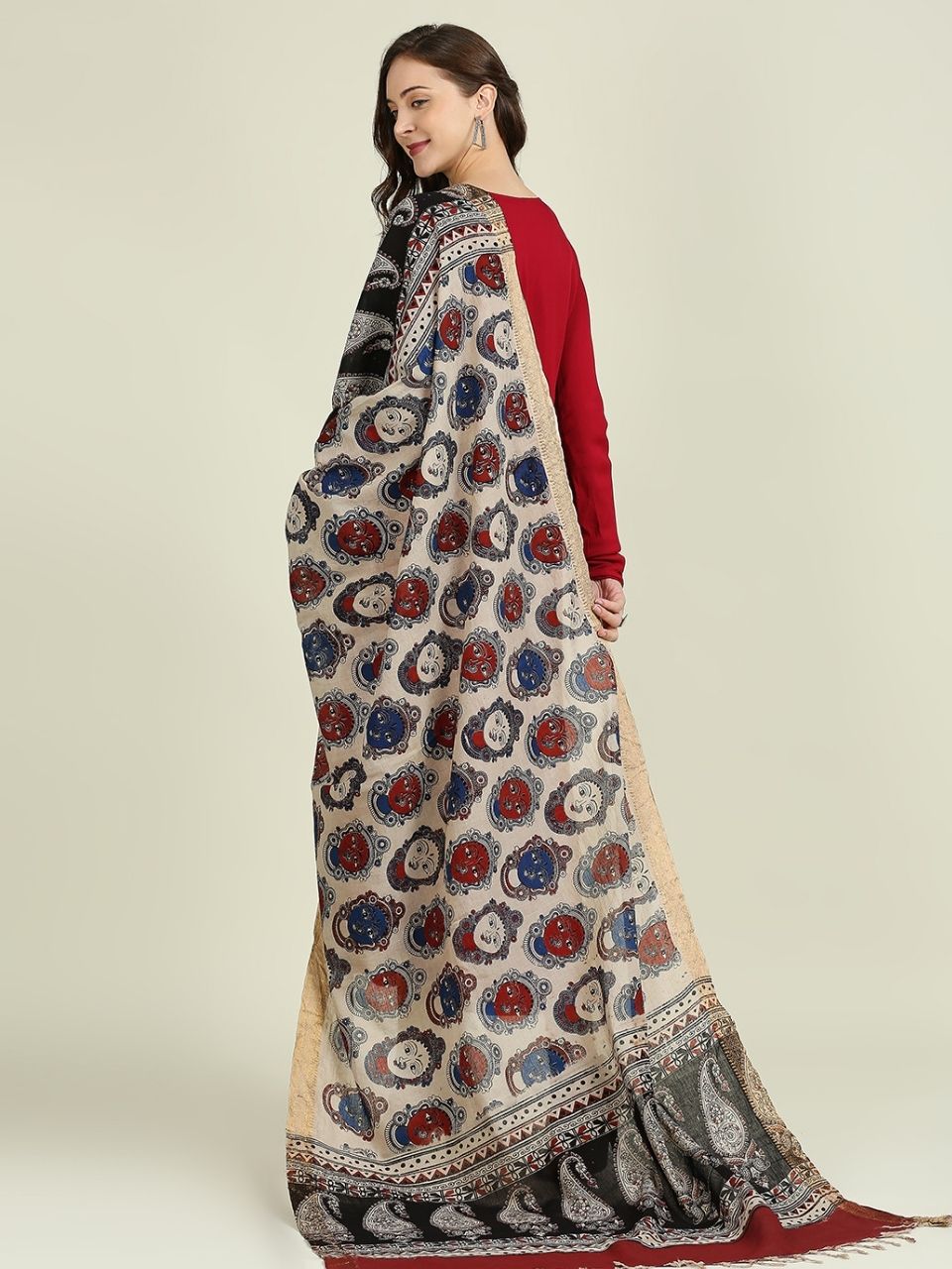 Kalamkari Mangalgiri Maroon & Multi Cotton Dupatta