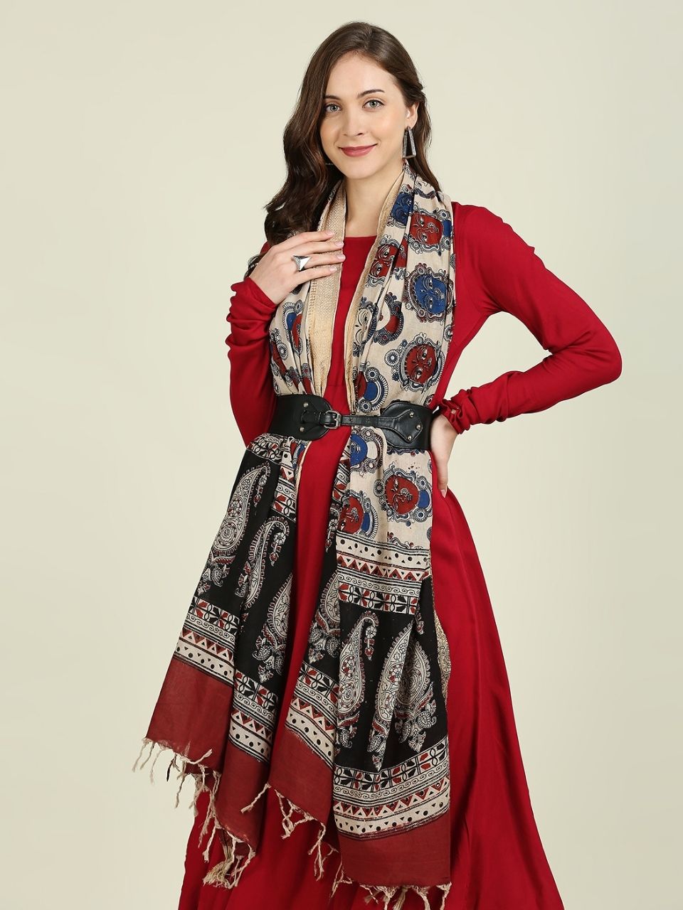 Kalamkari Mangalgiri Maroon & Multi Cotton Dupatta