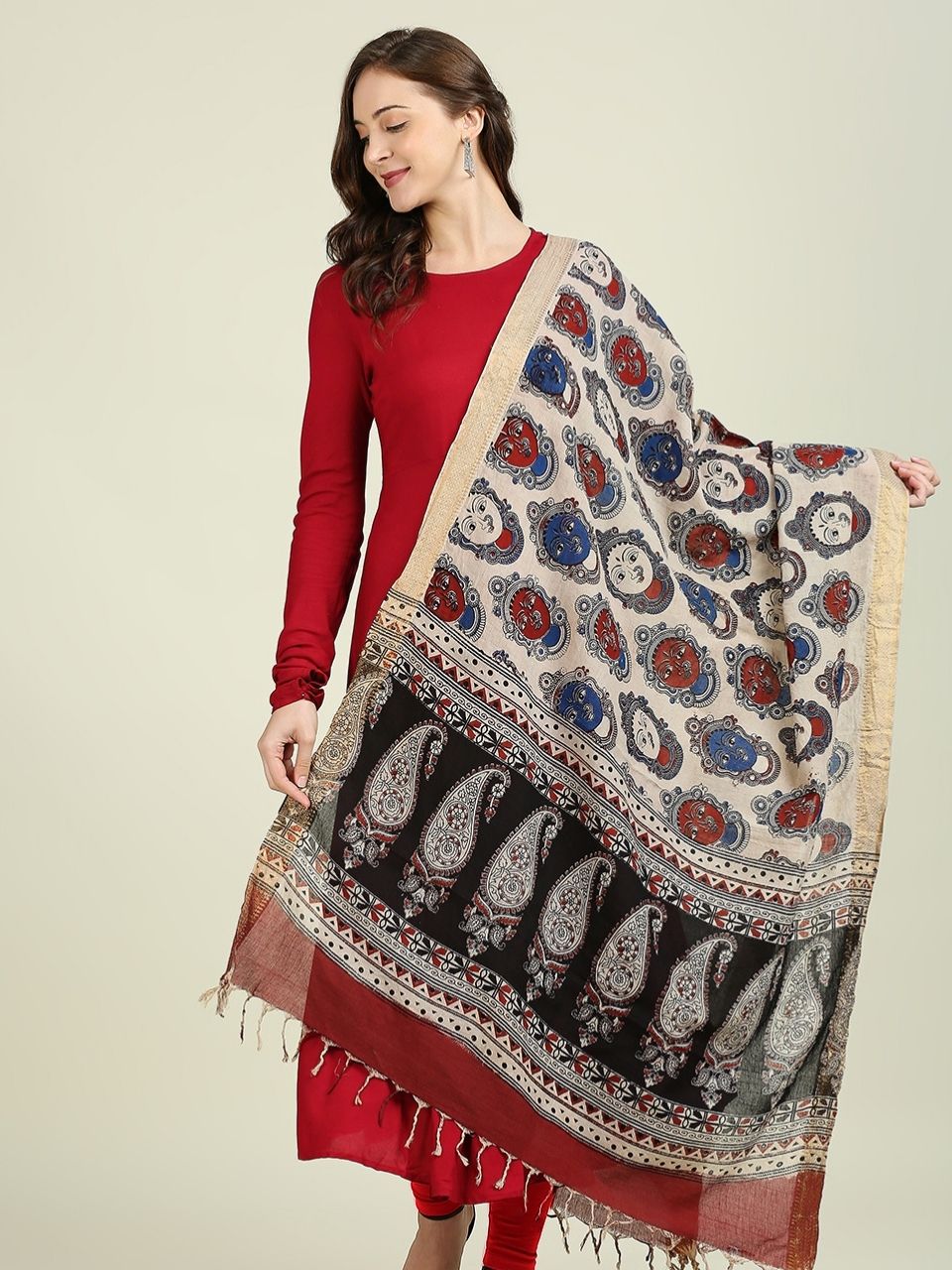 Kalamkari Mangalgiri Maroon & Multi Cotton Dupatta