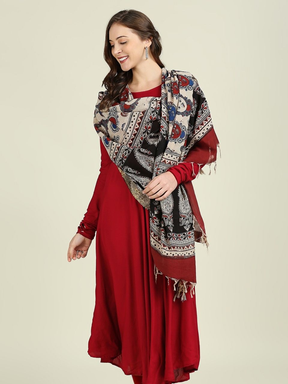Kalamkari Mangalgiri Maroon & Multi Cotton Dupatta