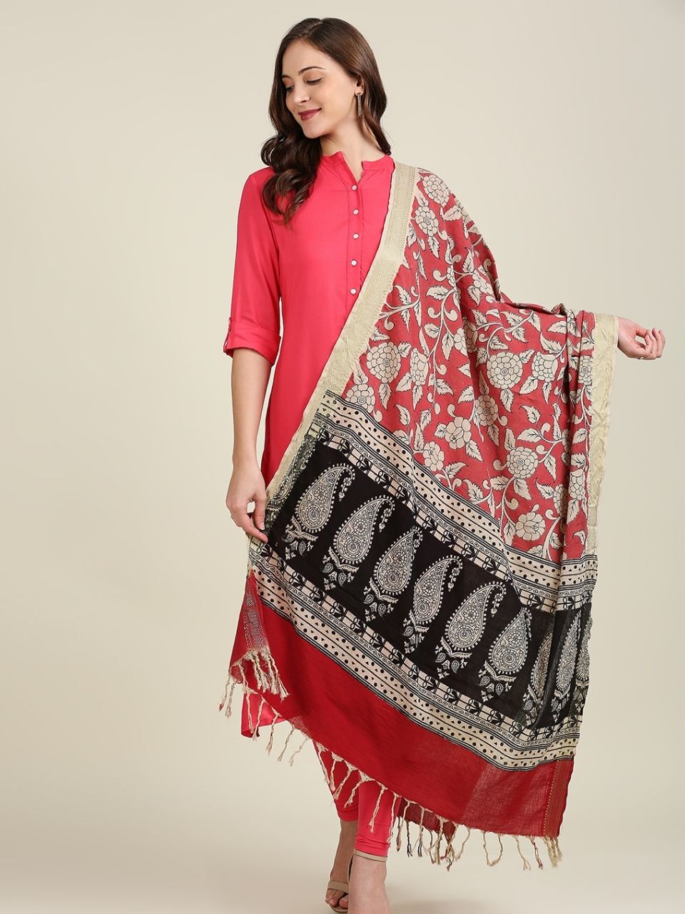 Kalamkari Mangalgiri Coral Cotton Dupatta