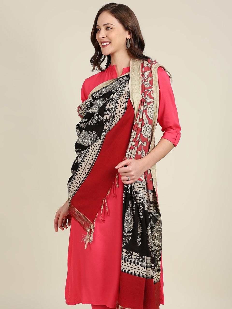 Kalamkari Mangalgiri Coral Cotton Dupatta