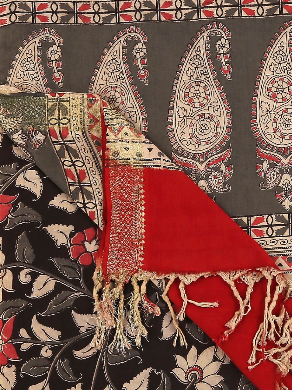 Kalamkari Mangalgiri Black & Coral Cotton Dupatta