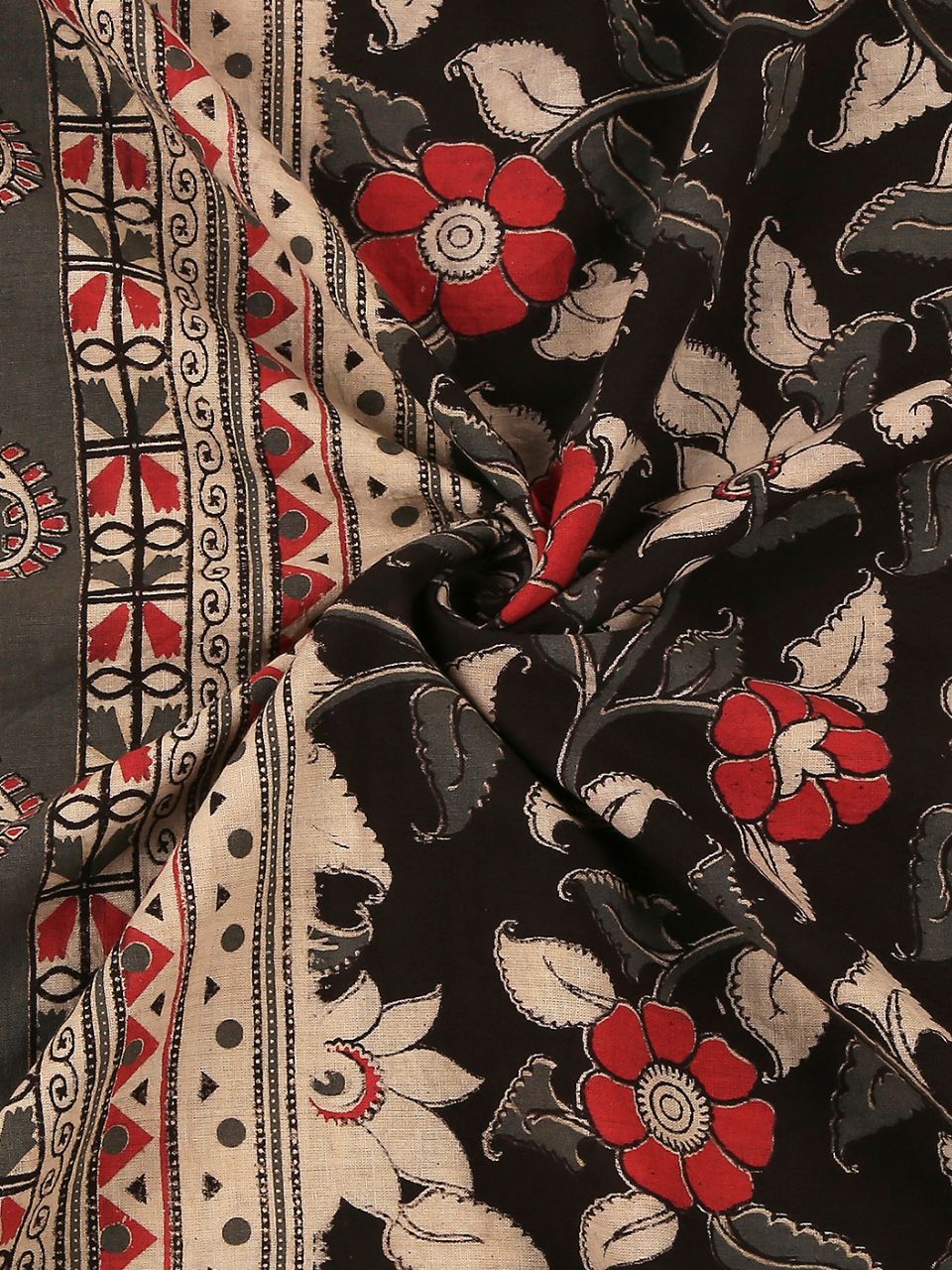 Kalamkari Mangalgiri Black & Coral Cotton Dupatta