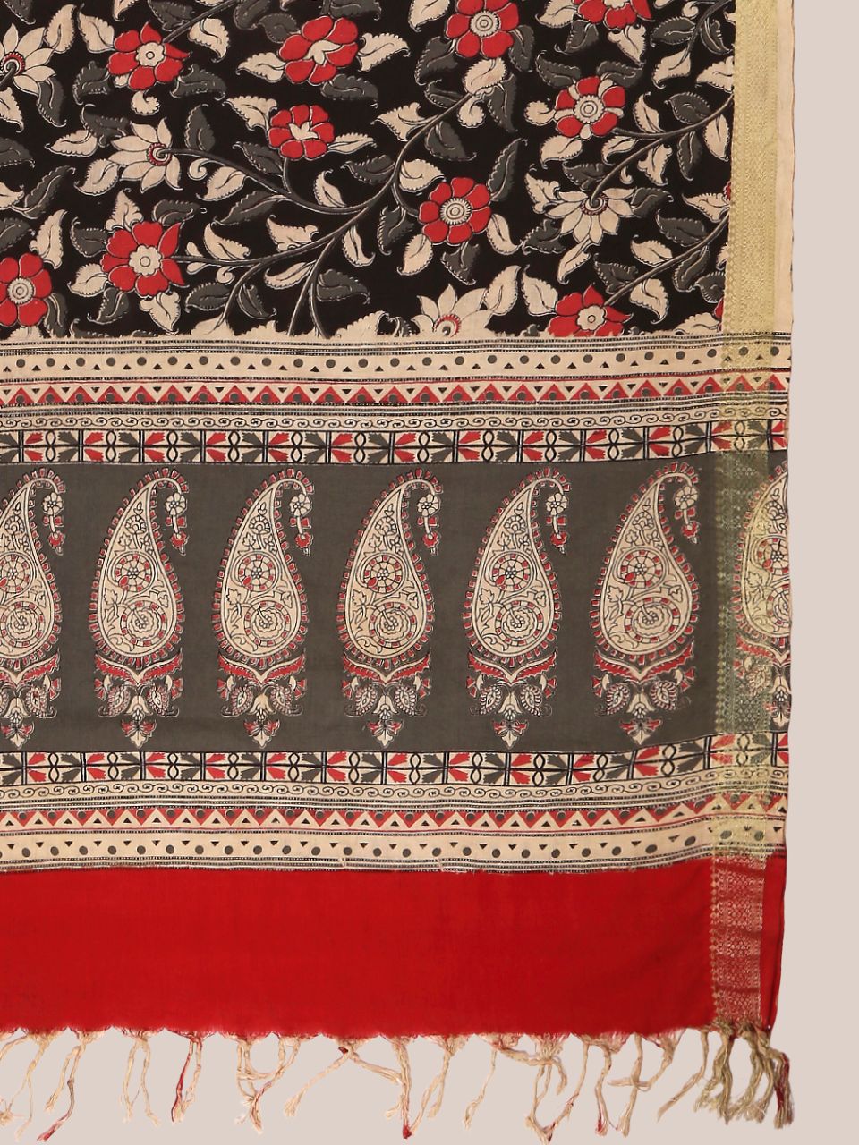 Kalamkari Mangalgiri Black & Coral Cotton Dupatta