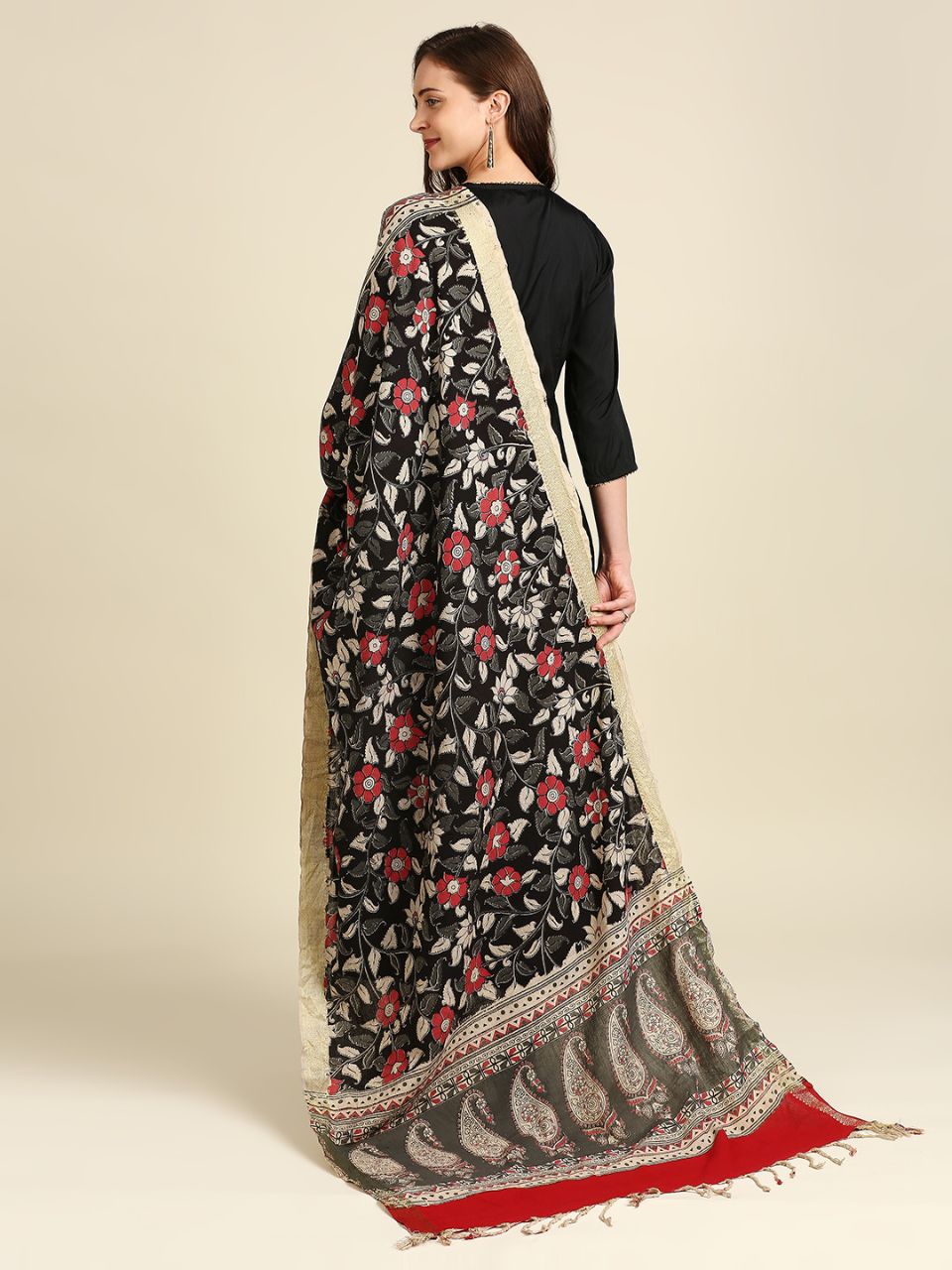 Kalamkari Mangalgiri Black & Coral Cotton Dupatta