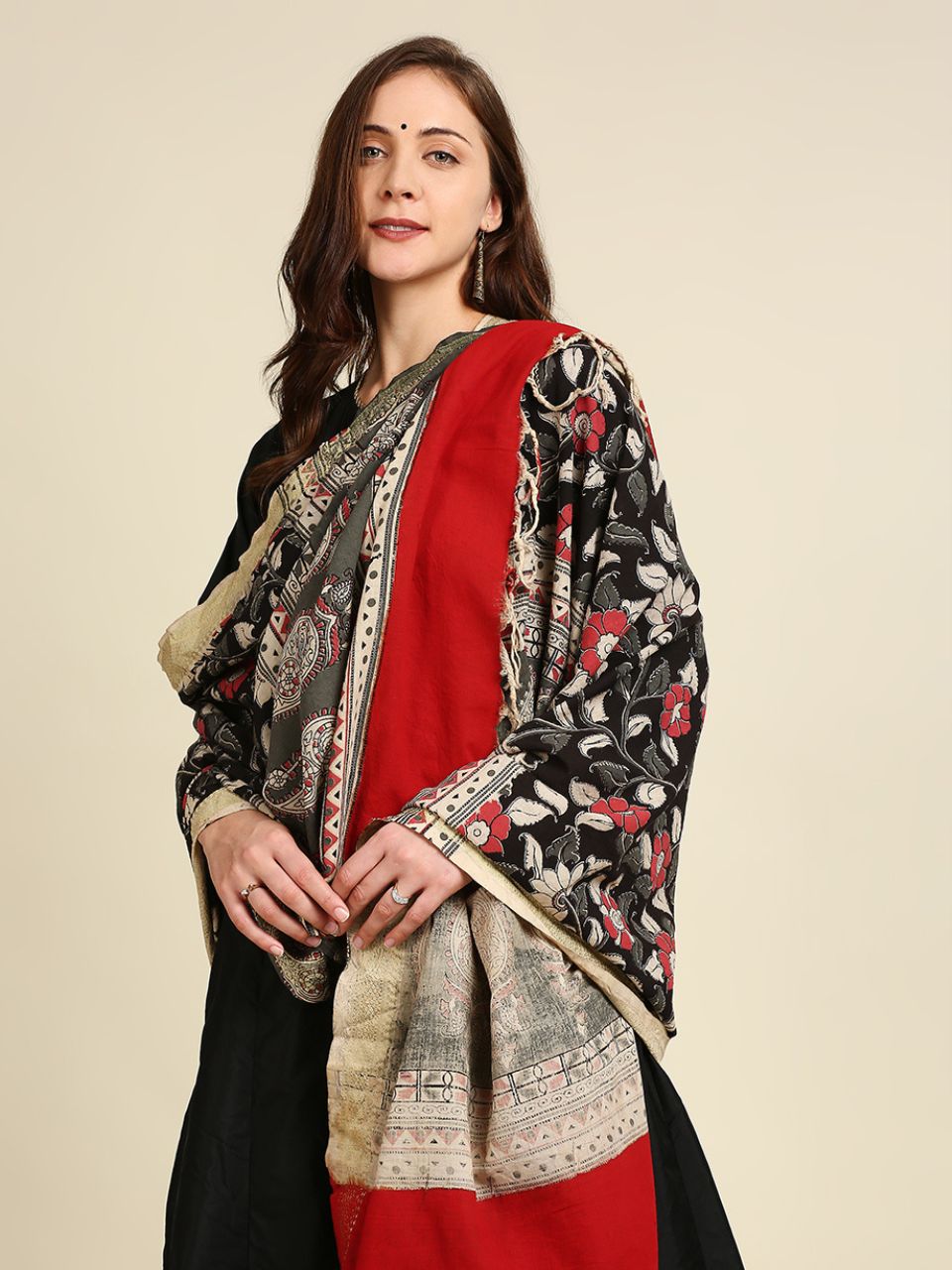 Kalamkari Mangalgiri Black & Coral Cotton Dupatta