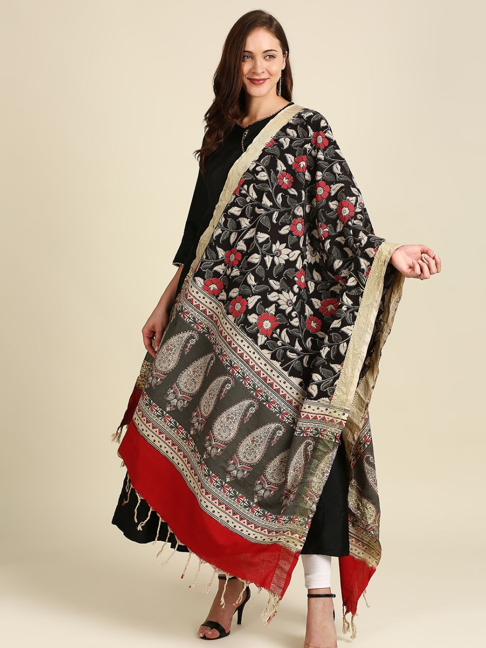 Kalamkari Mangalgiri Black & Coral Cotton Dupatta