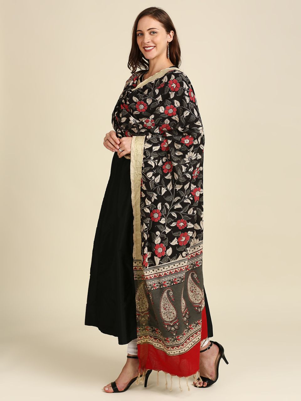 Kalamkari Mangalgiri Black & Coral Cotton Dupatta