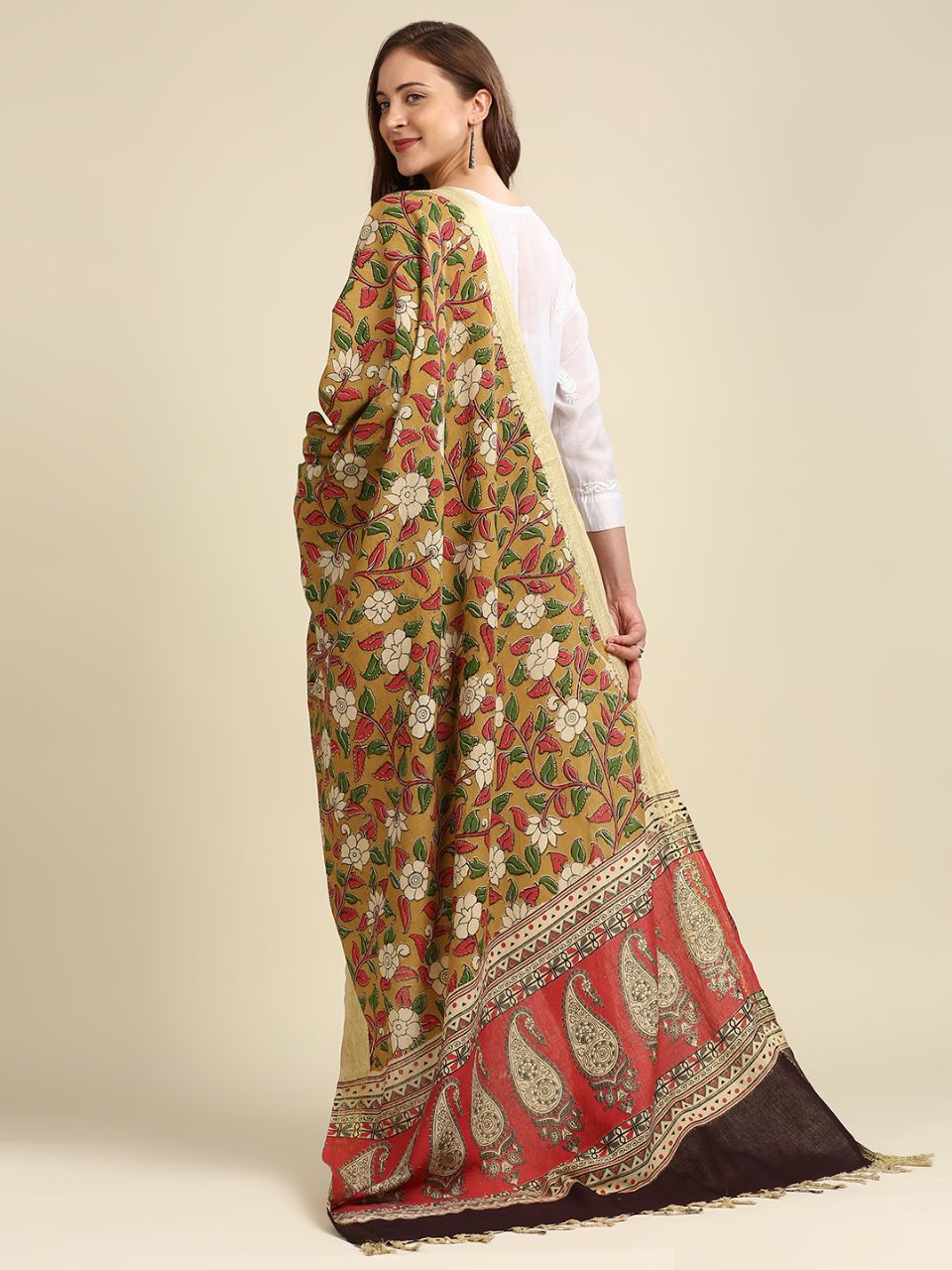 Kalamkari Mangalgiri Mustard & Green Cotton Dupatta