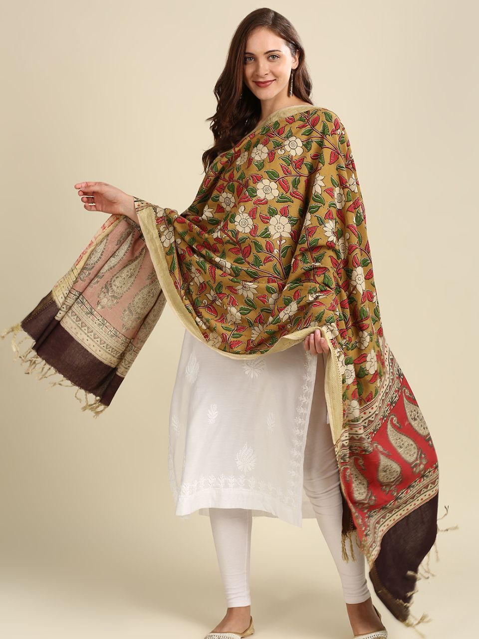 Kalamkari Mangalgiri Mustard & Green Cotton Dupatta