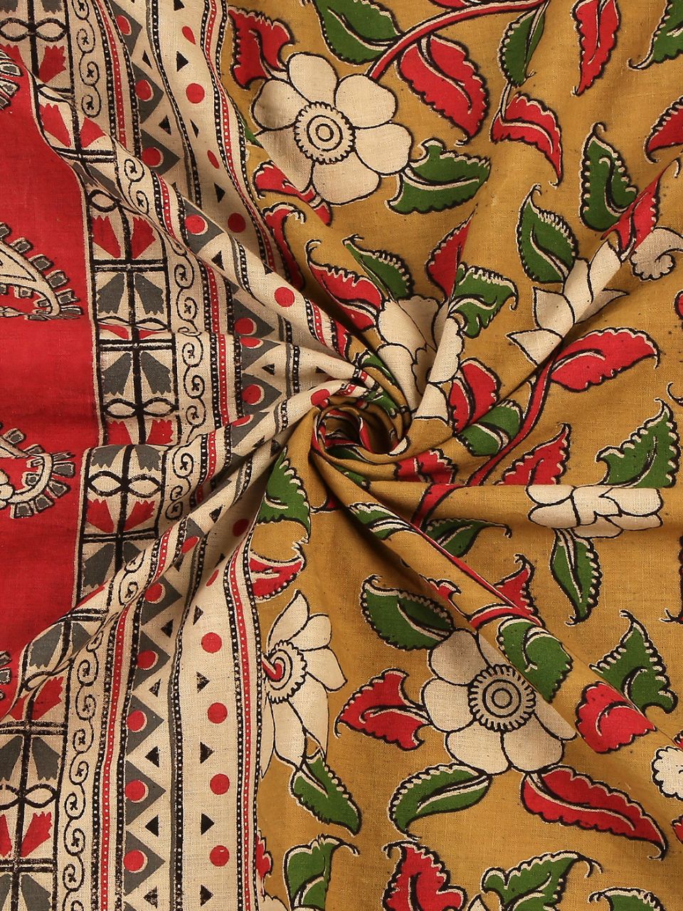 Kalamkari Mangalgiri Mustard & Green Cotton Dupatta