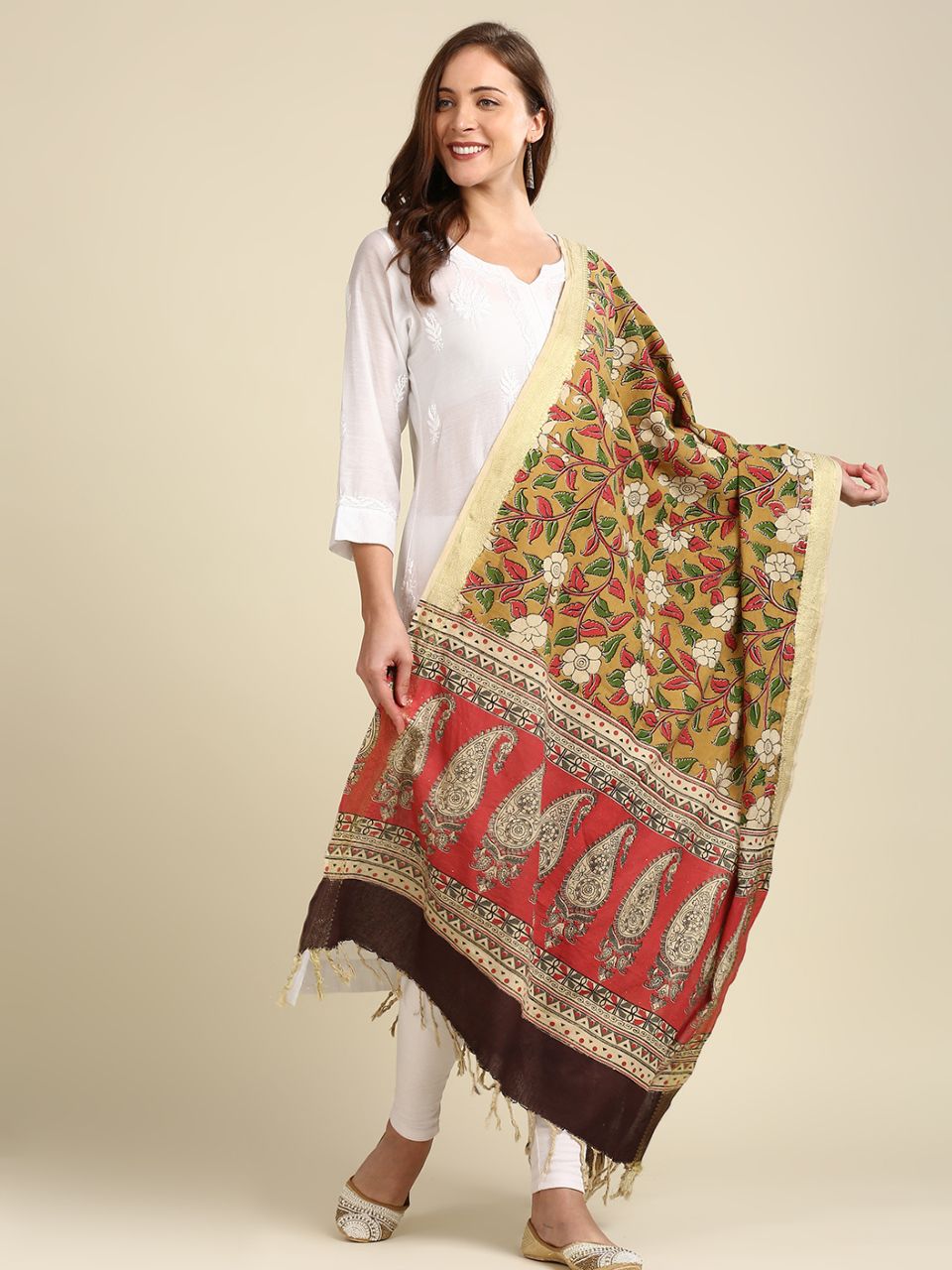Kalamkari Mangalgiri Mustard & Green Cotton Dupatta