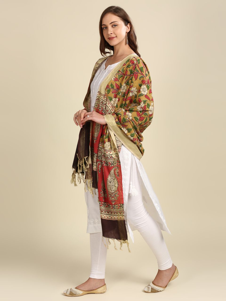 Kalamkari Mangalgiri Mustard & Green Cotton Dupatta