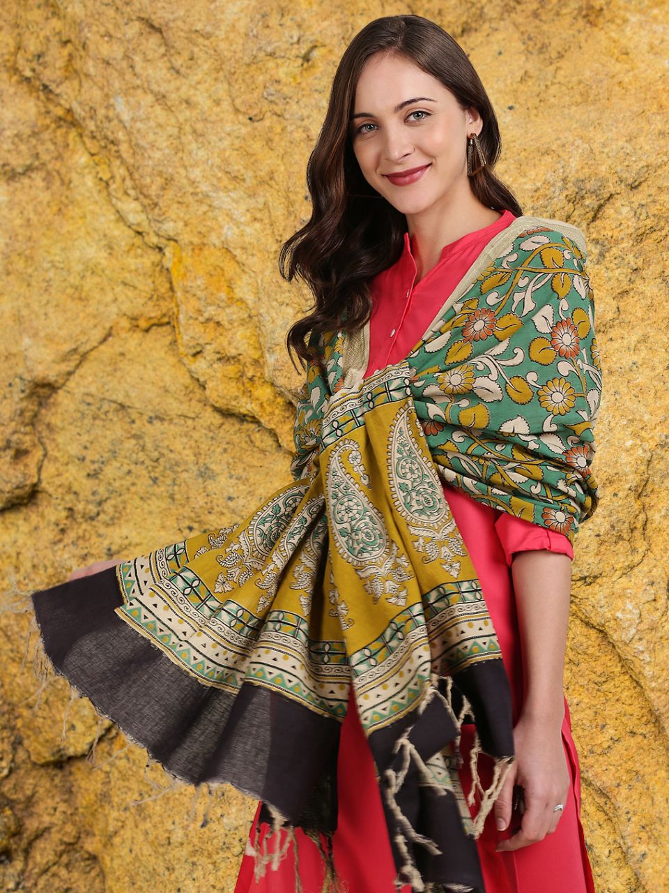 Kalamkari Mangalgiri Green & Mustard Cotton Dupatta