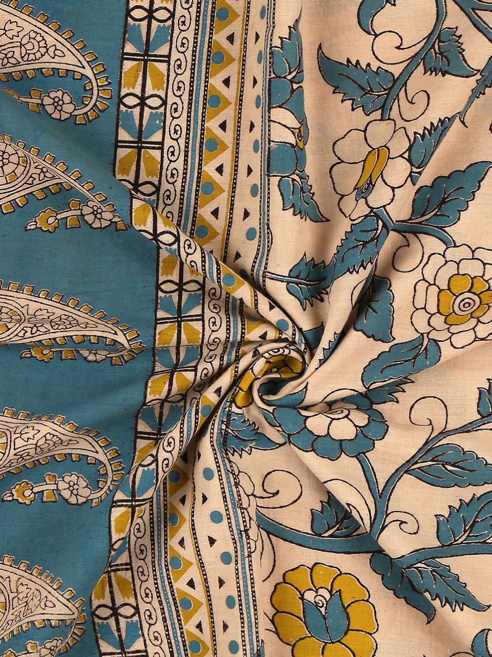 Kalamkari Mangalgiri Blue & Mustard Cotton Dupatta