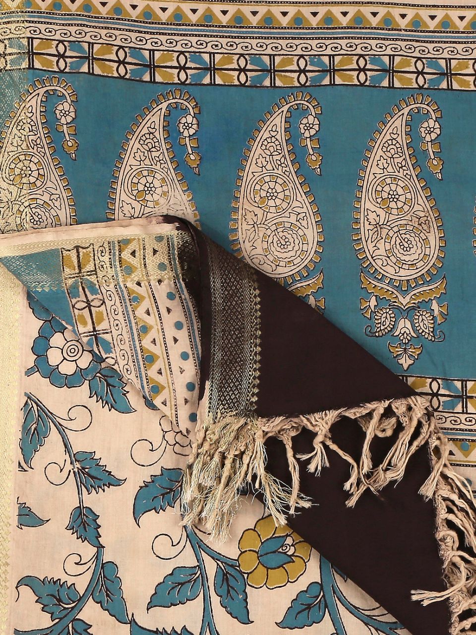 Kalamkari Mangalgiri Blue & Mustard Cotton Dupatta