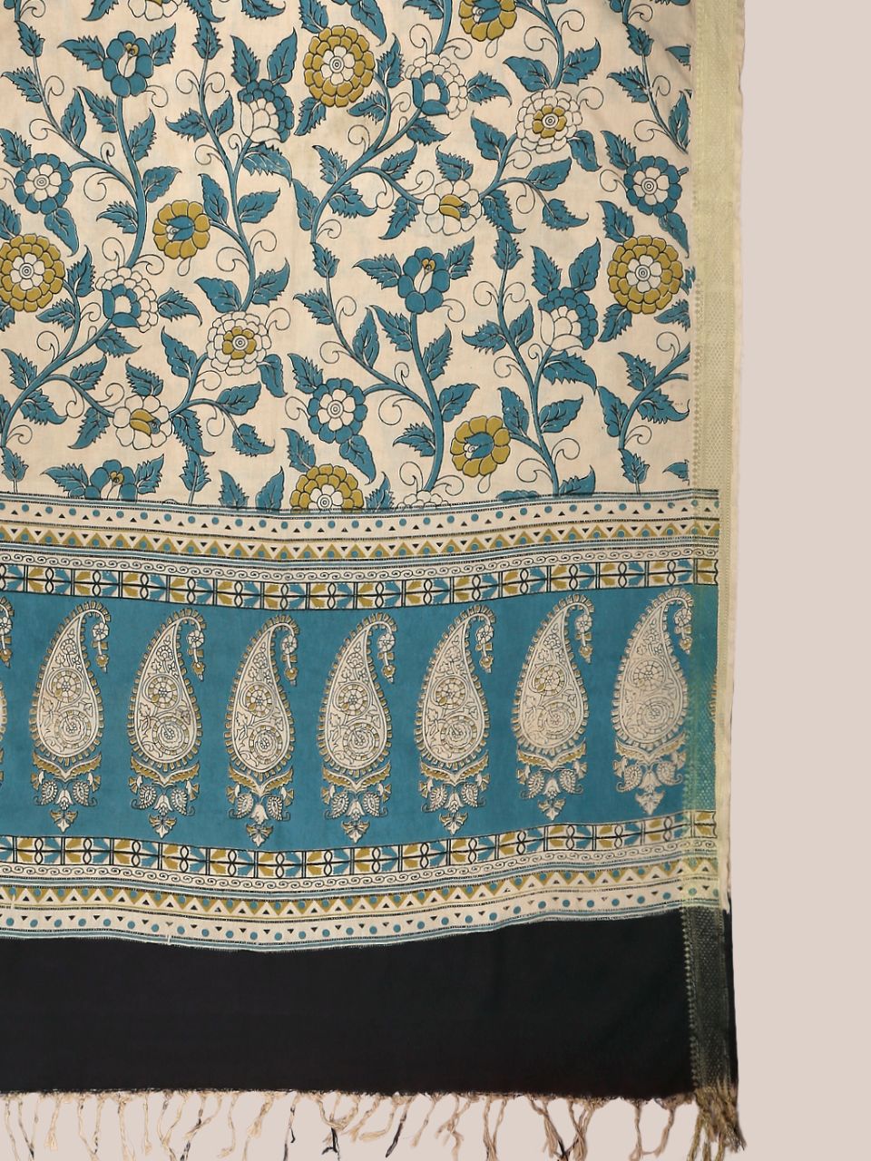 Kalamkari Mangalgiri Blue & Mustard Cotton Dupatta
