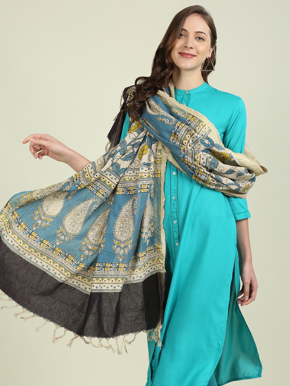 Kalamkari Mangalgiri Blue & Mustard Cotton Dupatta
