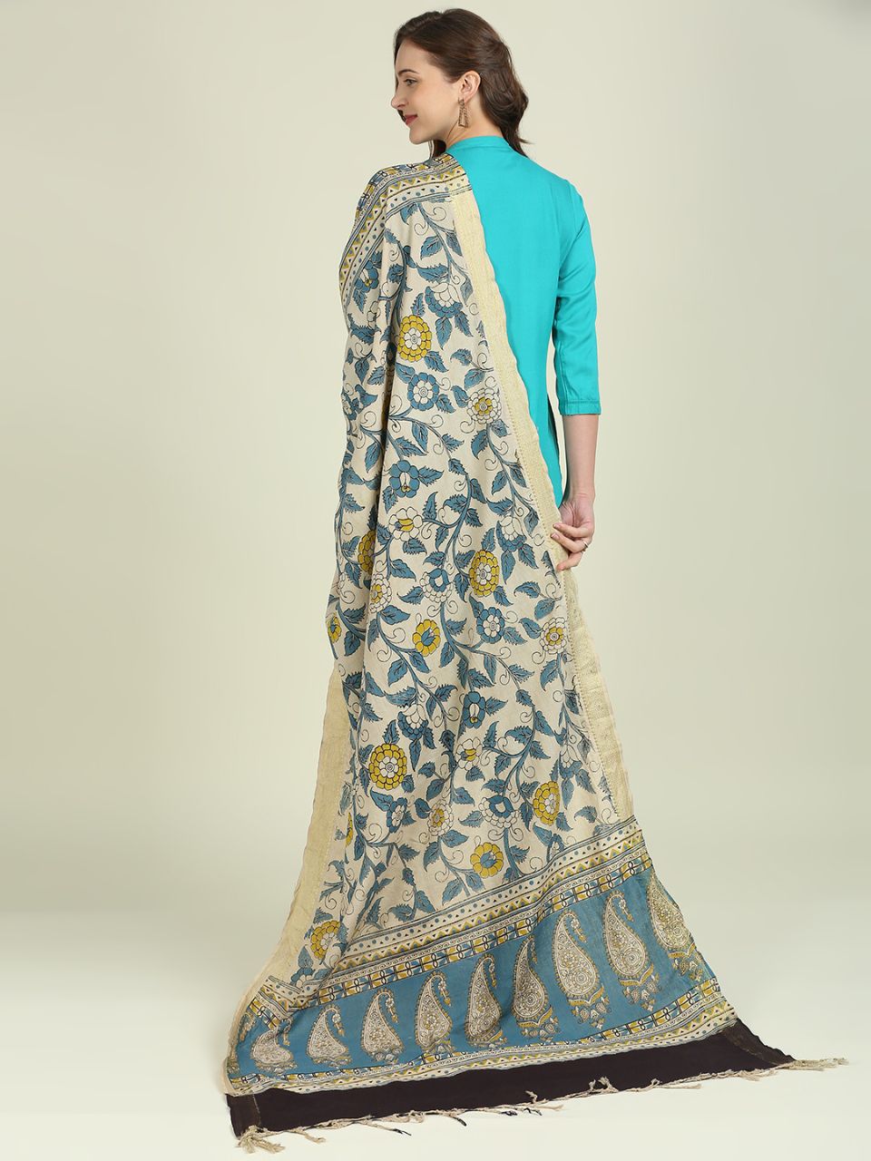 Kalamkari Mangalgiri Blue & Mustard Cotton Dupatta