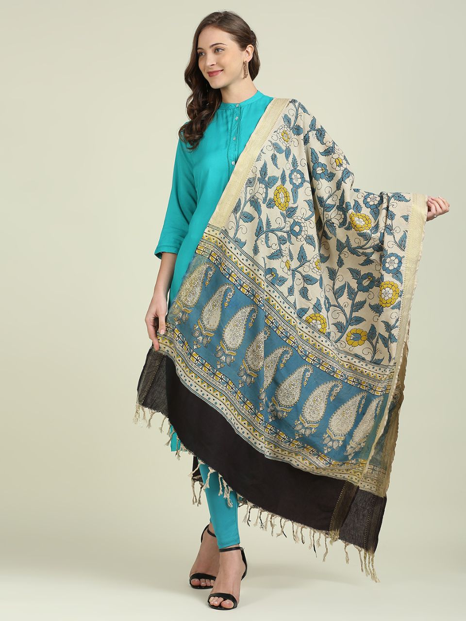 Kalamkari Mangalgiri Blue & Mustard Cotton Dupatta