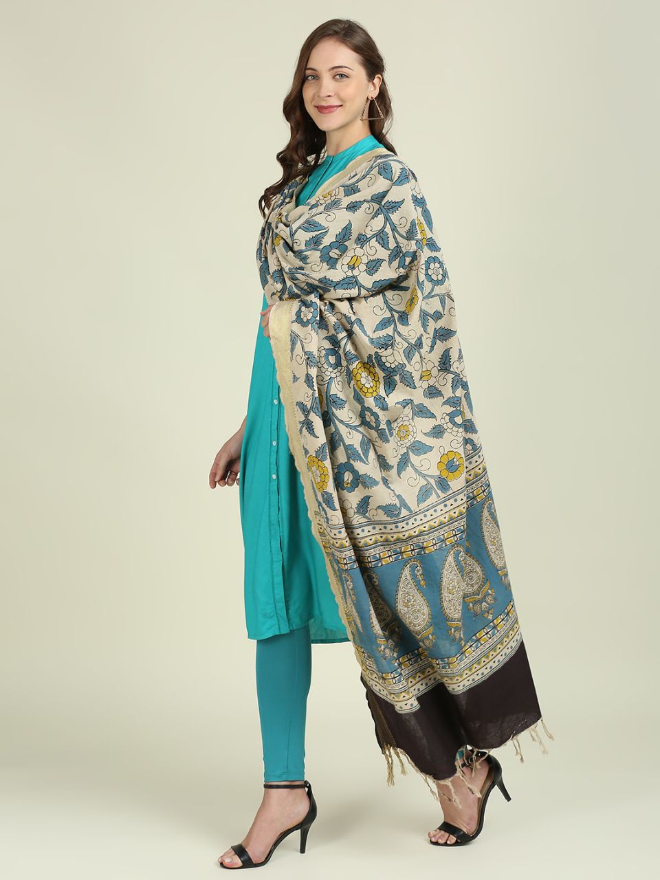 Kalamkari Mangalgiri Blue & Mustard Cotton Dupatta