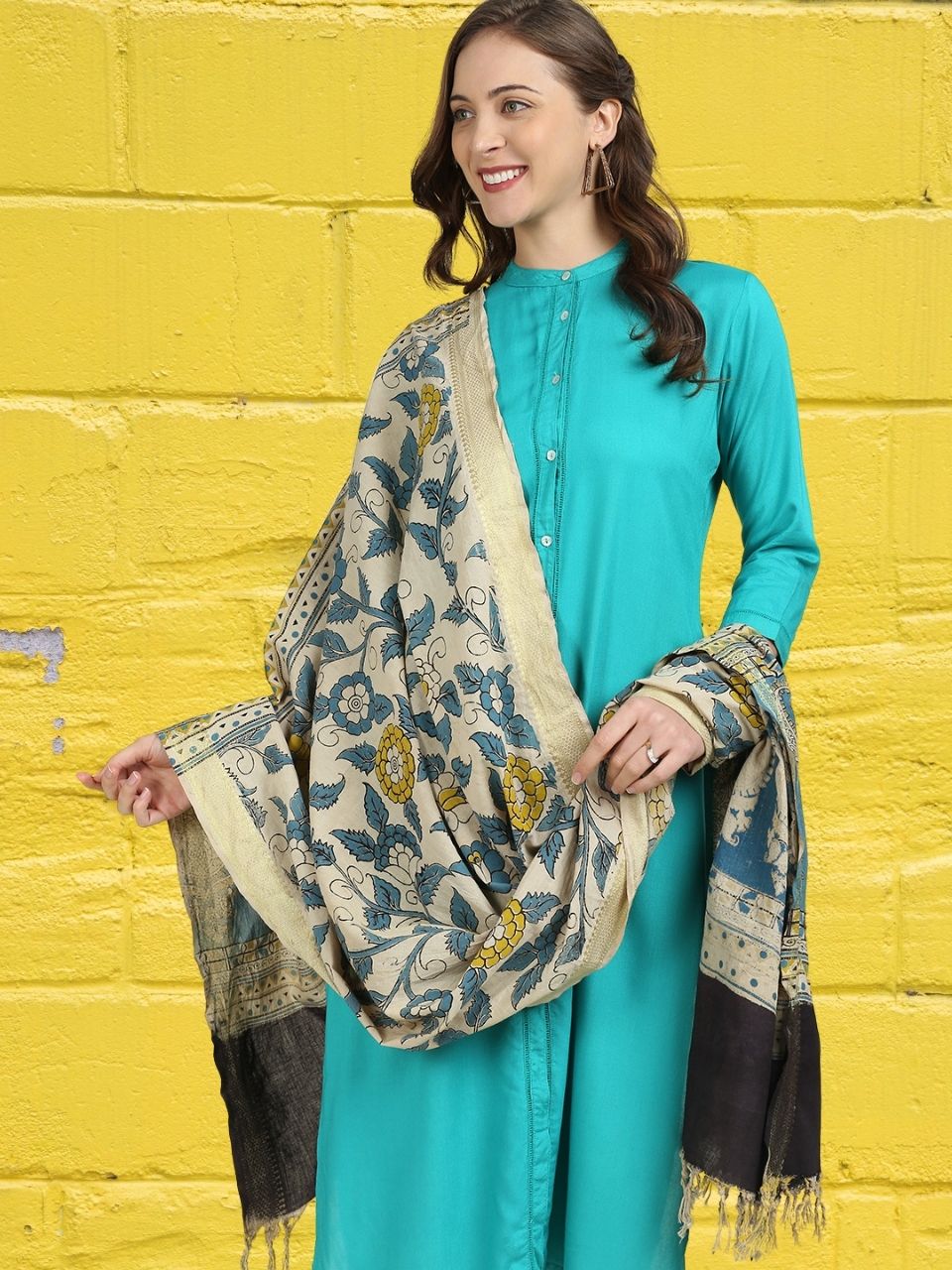 Kalamkari Mangalgiri Blue & Mustard Cotton Dupatta