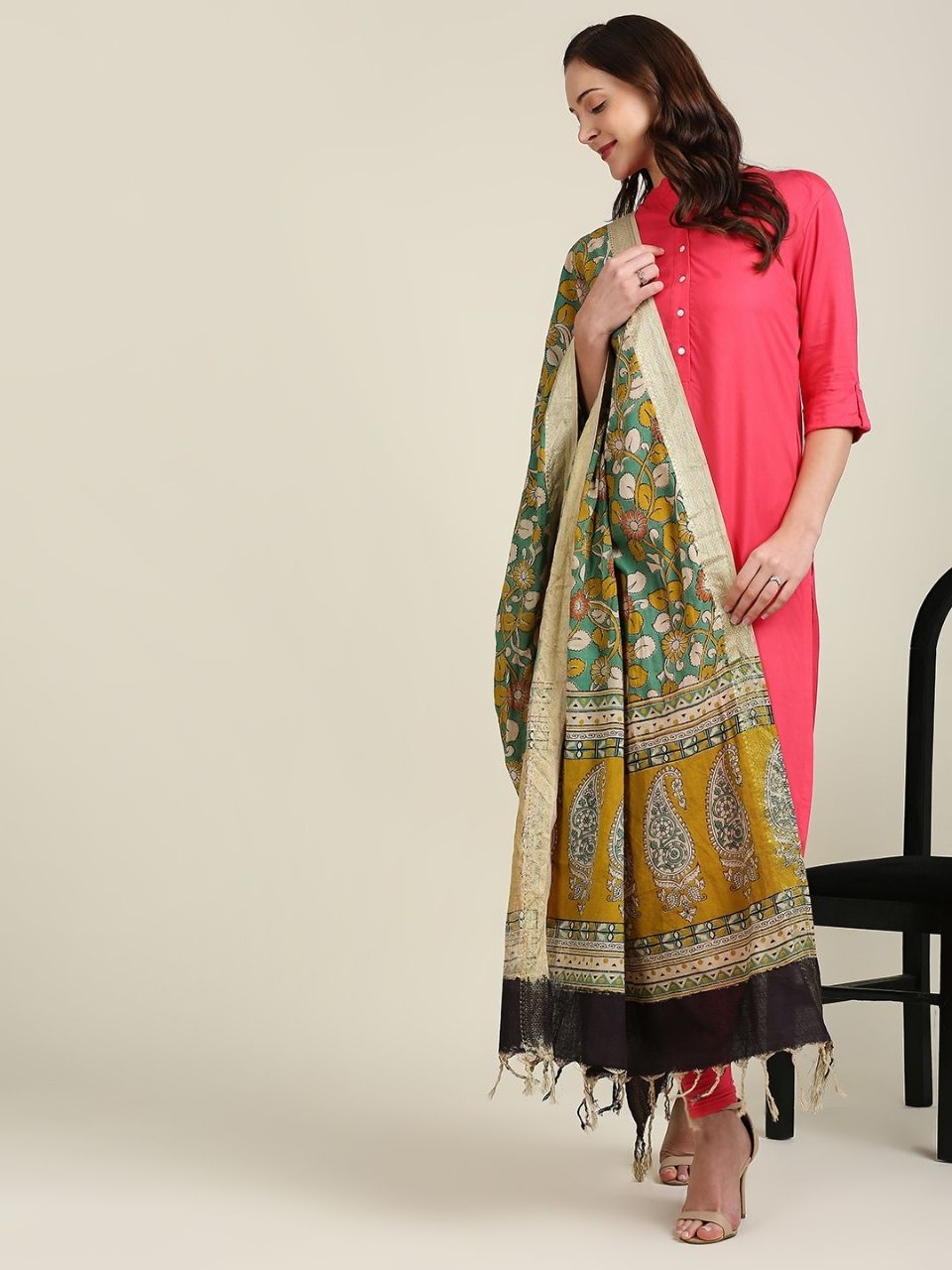 Kalamkari Mangalgiri Green & Mustard Cotton Dupatta