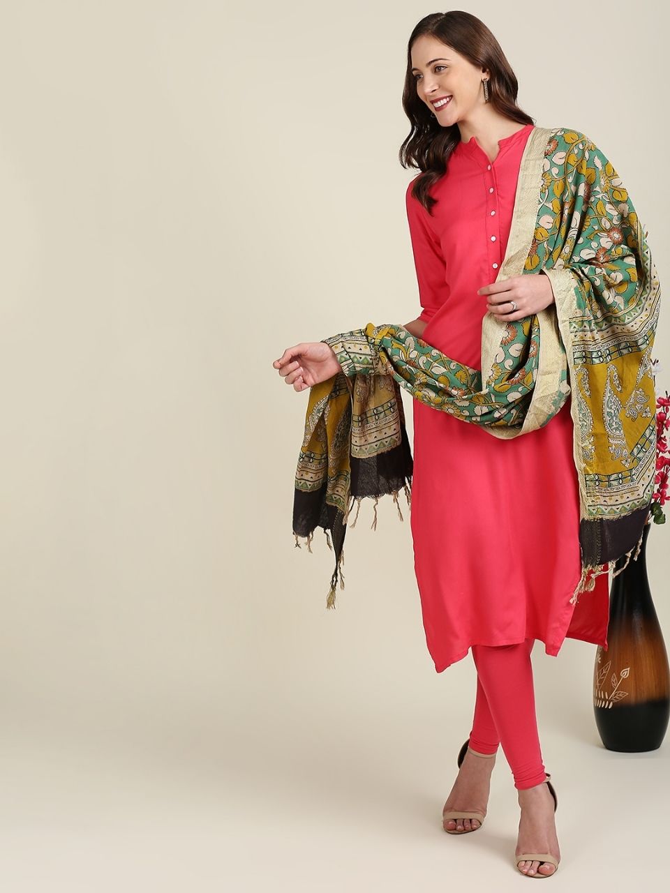 Kalamkari Mangalgiri Green & Mustard Cotton Dupatta