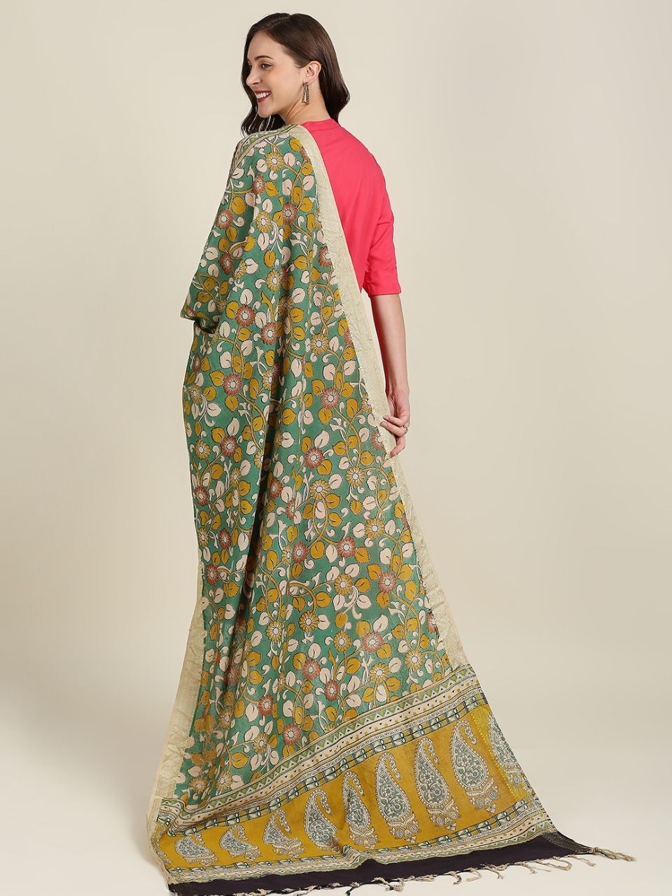 Kalamkari Mangalgiri Green & Mustard Cotton Dupatta
