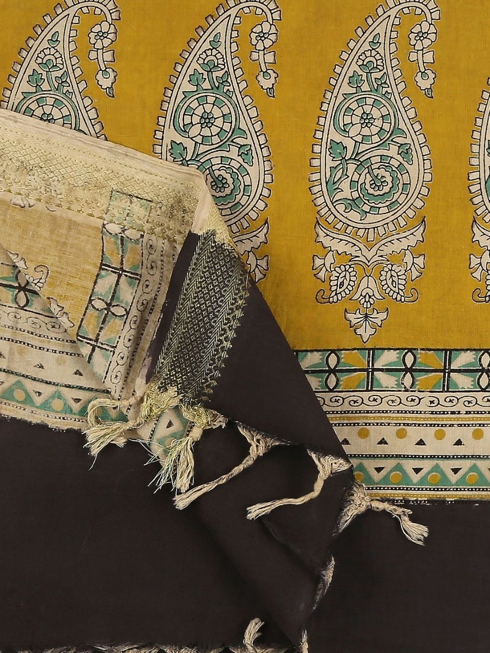 Kalamkari Mangalgiri Green & Mustard Cotton Dupatta