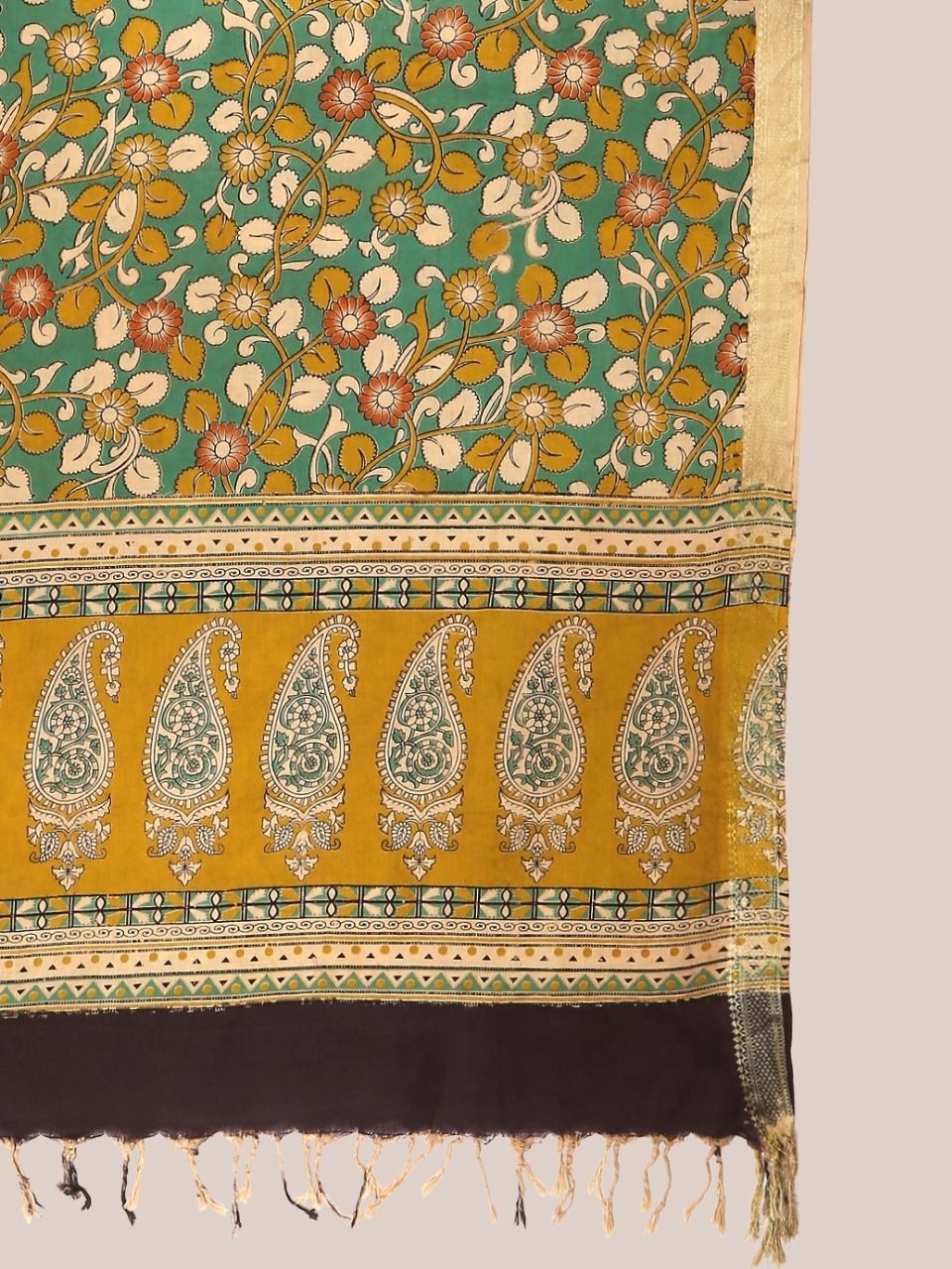 Kalamkari Mangalgiri Green & Mustard Cotton Dupatta