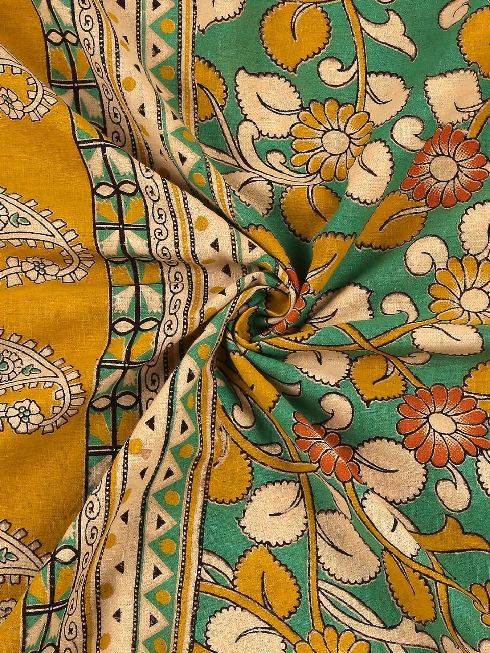 Kalamkari Mangalgiri Green & Mustard Cotton Dupatta