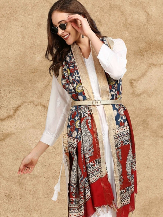 Kalamkari Mangalgiri Dark Blue & Maroon Cotton Dupatta
