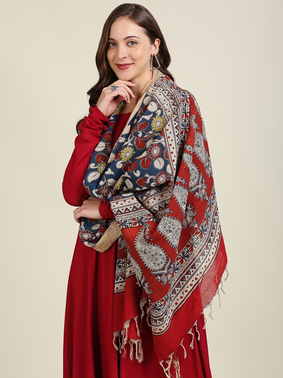 Kalamkari Mangalgiri Dark Blue & Maroon Cotton Dupatta