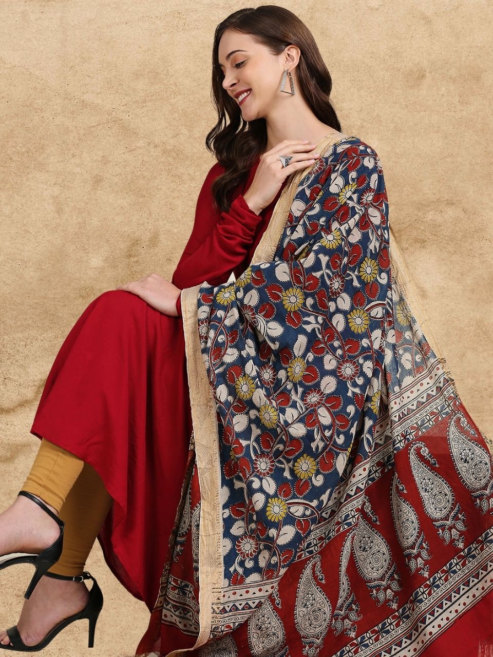 Kalamkari Mangalgiri Dark Blue & Maroon Cotton Dupatta