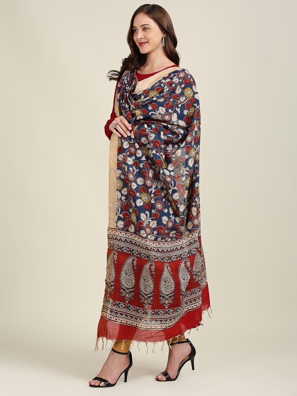 Kalamkari Mangalgiri Dark Blue & Maroon Cotton Dupatta