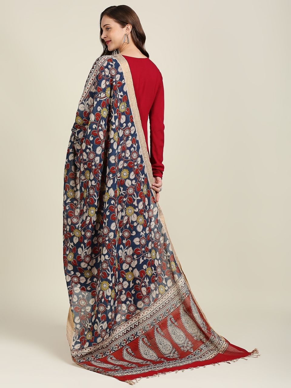 Kalamkari Mangalgiri Dark Blue & Maroon Cotton Dupatta