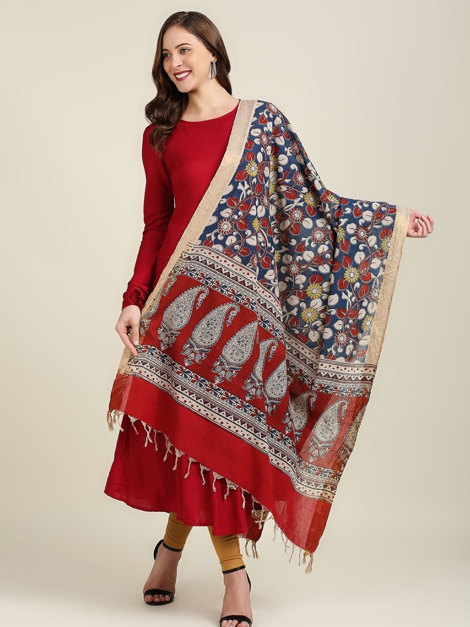 Kalamkari Mangalgiri Dark Blue & Maroon Cotton Dupatta
