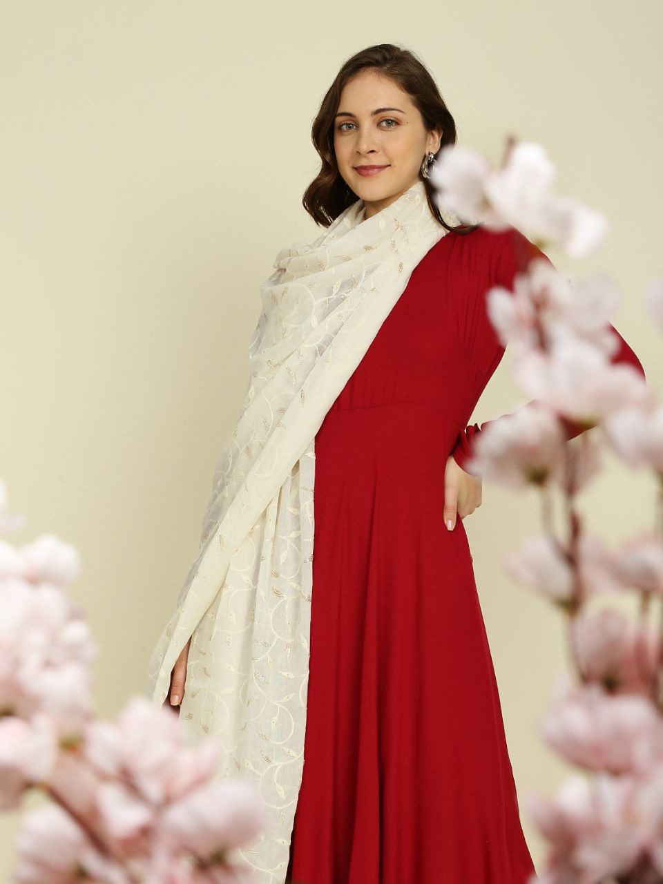 Off White Pure Cotton Dupatta All Over floral embroidery
