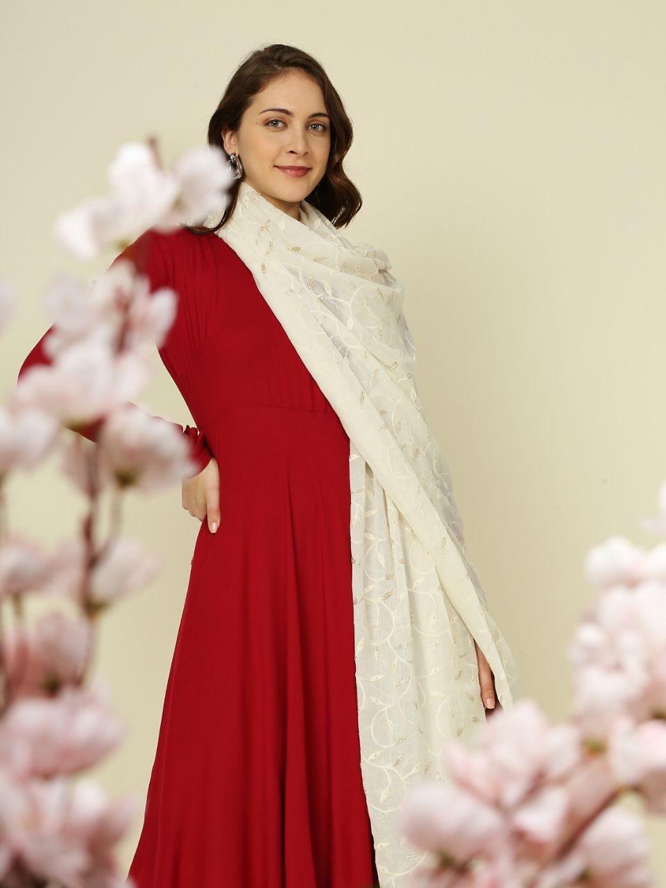 Off White Pure Cotton Dupatta All Over floral embroidery