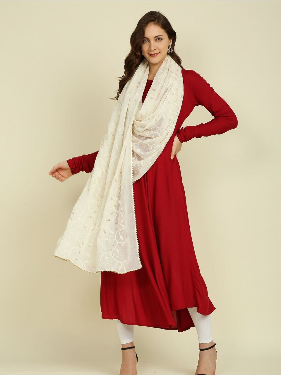 Off White Pure Cotton Dupatta All Over floral embroidery