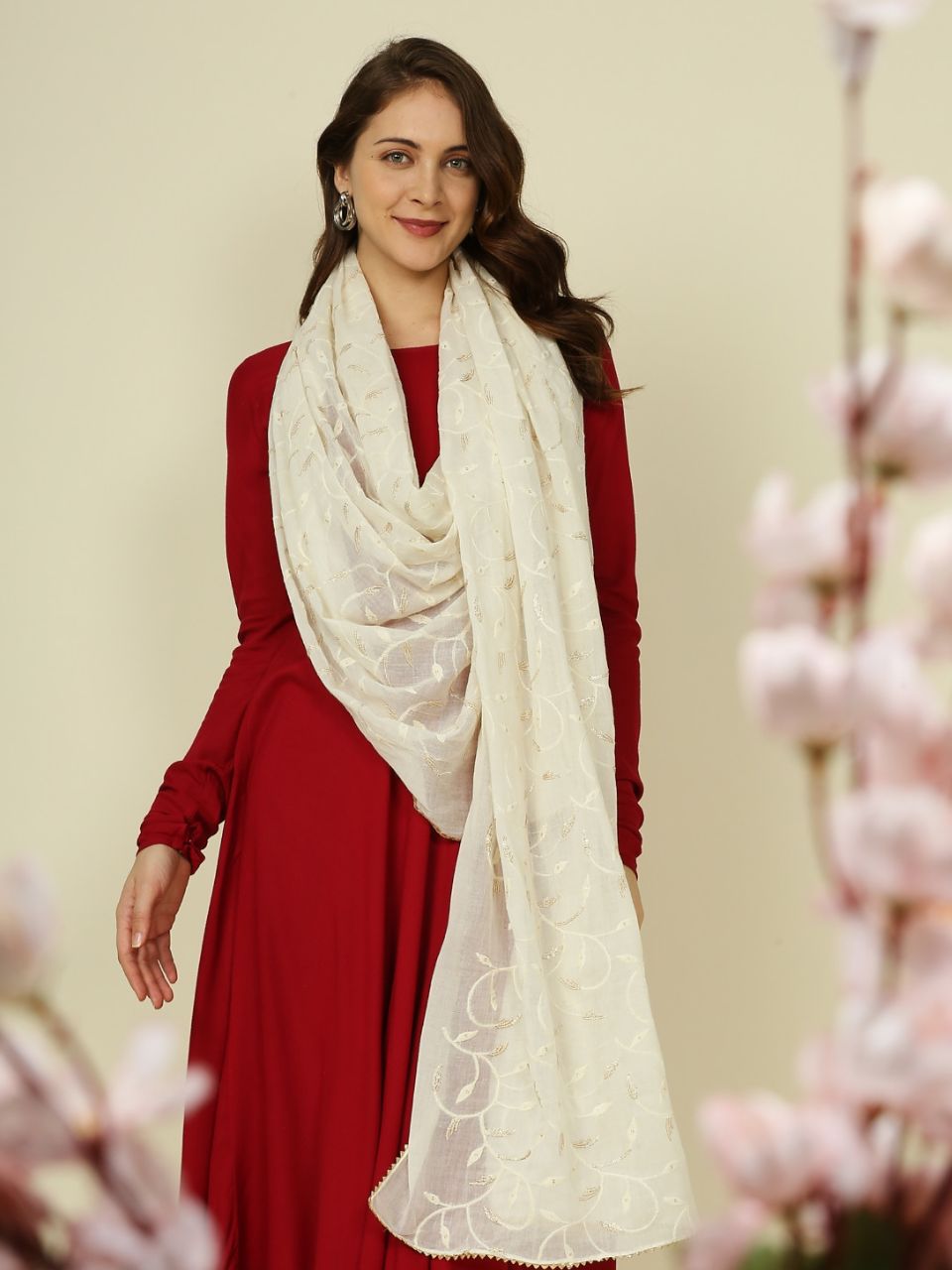 Off White Pure Cotton Dupatta All Over floral embroidery