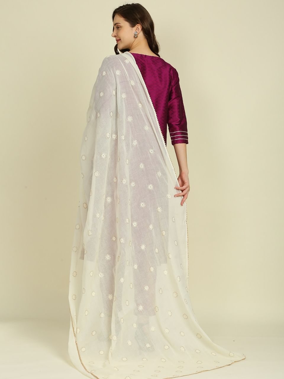 Off White Pure Cotton Dupatta All Over floral embroidery